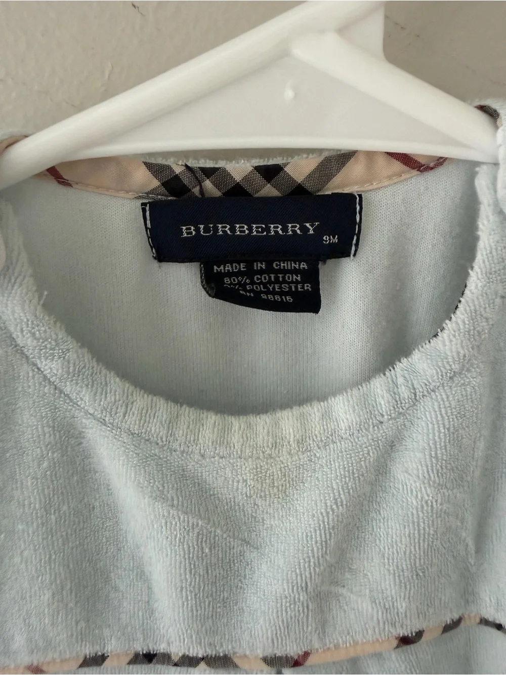 Designer Burberry Baby Blue Footed Romper 9 months classic plaid